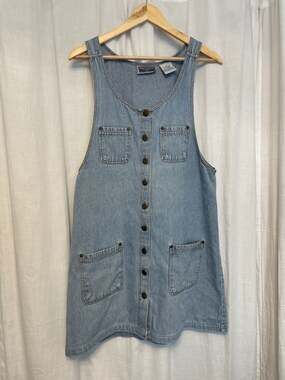 Vintage Erika Classics Blue Pinstripe Denim Button Front Pinafore Dress Size Med